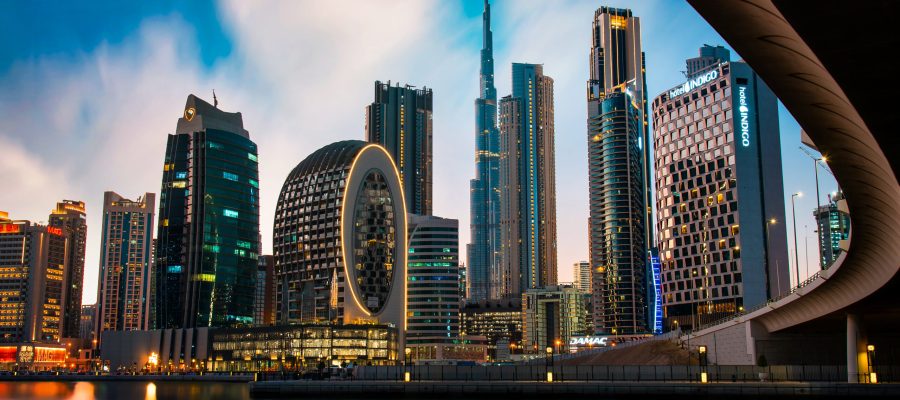 Dubai modern architecture landmark skyline view from the Marasi marina in city Business bay downtown area in the United Arab Emirates
